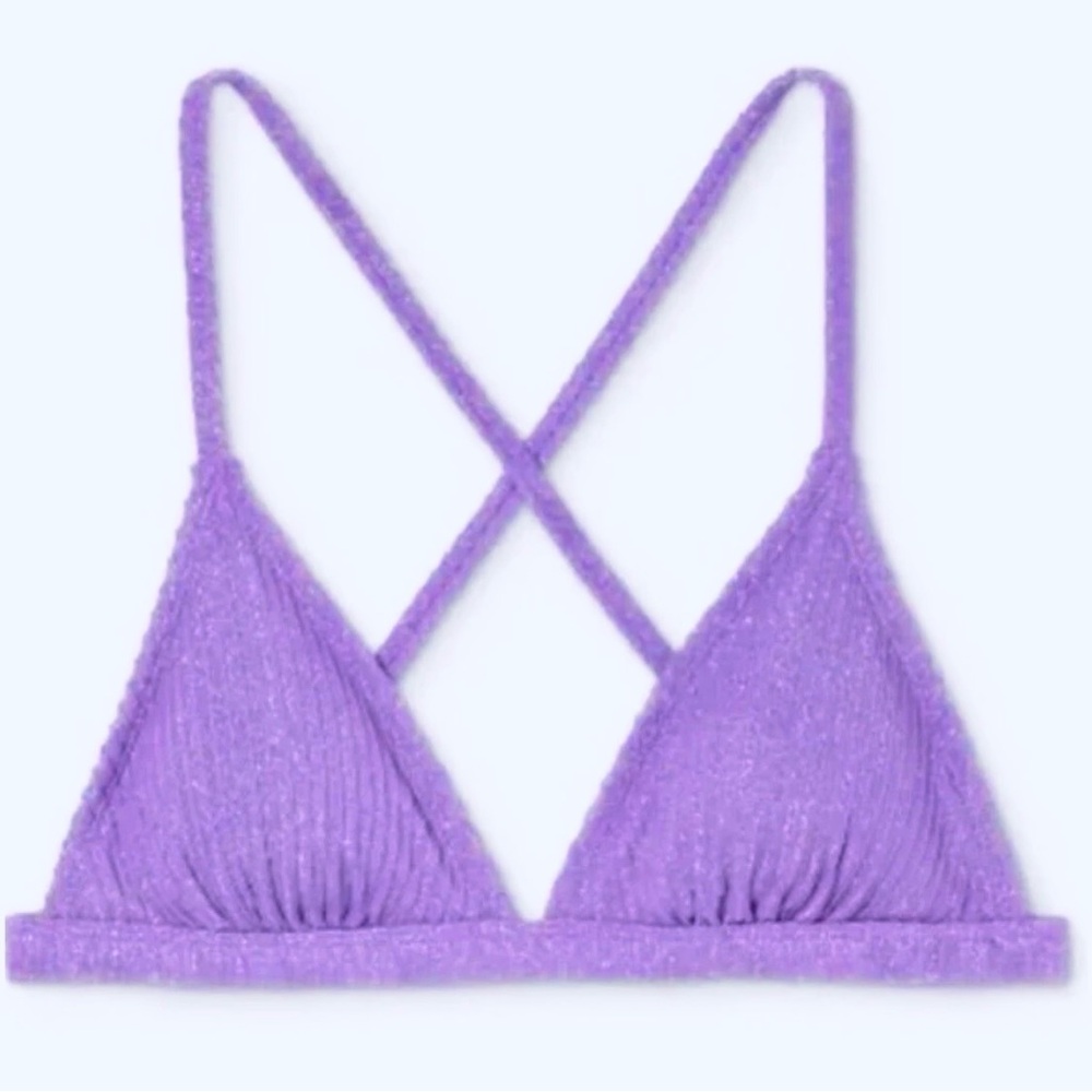 Xhiliration Purple Lurex Metallic Ribbed Triangle Bikini Top Swim Bathing Suit L